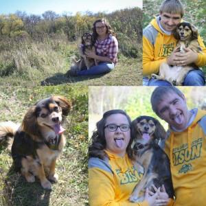 A collage of a man and woman with their small brown dog