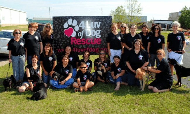 A group of 4 Luv of Dog Rescue volunteers wear matching shirts and stand in front of a 4 Luv of Dog Rescue banner