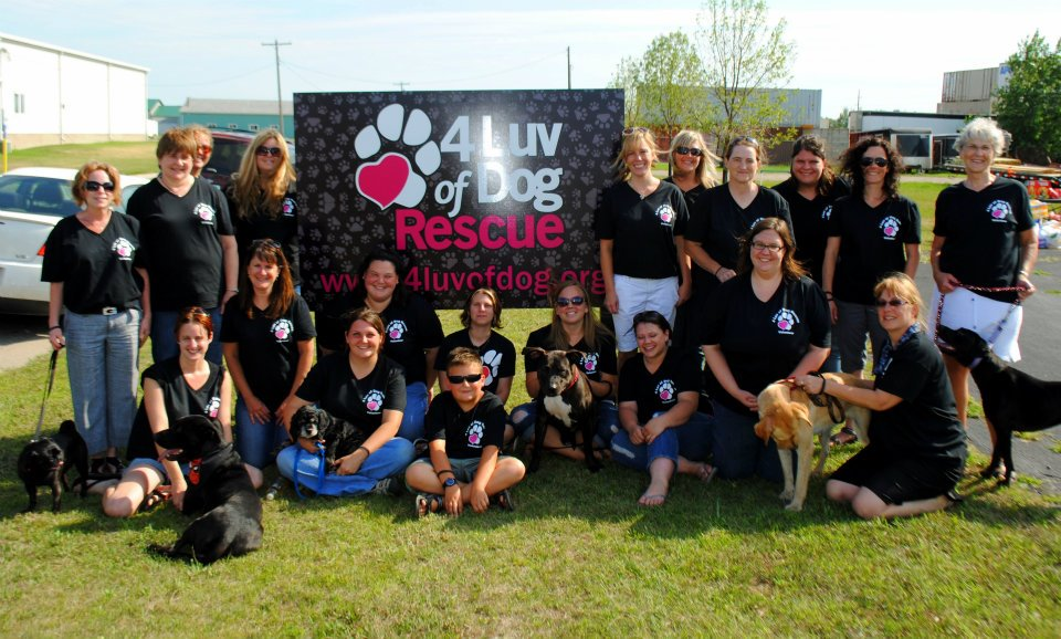 A large group of 4 Luv of Dog Rescue volunteers wearing matching t-shirts sit in front of a 4 Luv of Dog Rescue banner.
