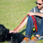 A man sits on the grass beside a black dog on a bright red leash.