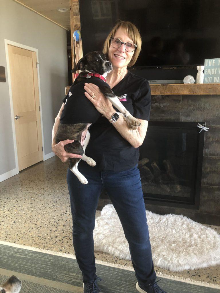 Foster Clare wears a black polo and holds a small black and white dog